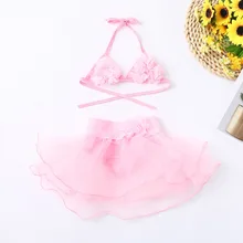 Детский купальник для девочек; купальник из полиэстера; детский купальный костюм; комплект из двух предметов; бикини; жилет с цветочным принтом; купальный костюм из тюля; K0301