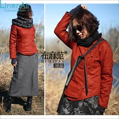 Cheap Linen clothing women's winter chinese red color 100% linen thick cotton-wadded coat short jacket outerwear