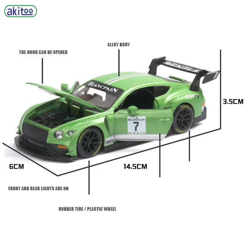 Akitoo Bentley GT3 модель автомобиля гоночные гонки по форме спортивного автомобиля Модель машины 1: 32 звук и свет оттяните назад#2408