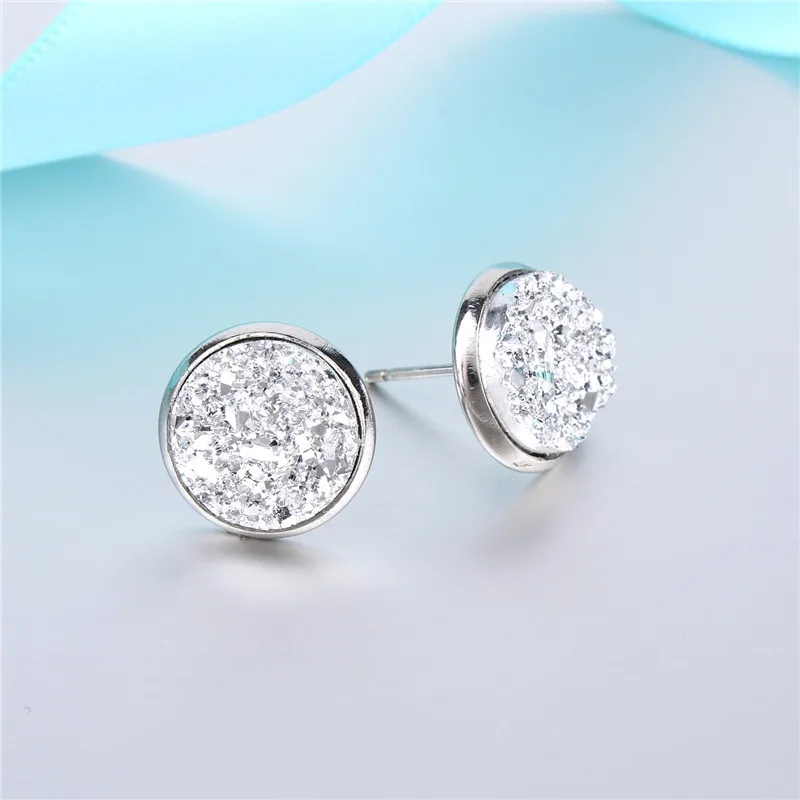 

New Bijoux Shinning Round Ear Stud Natural Druzy Resin Stud Earrings For Women Jewelry Statement Pendientes Mujer Moda 2019
