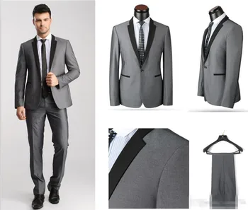 Tanie New Arrival Groom Smokingi Czarny Lapel Best Man Garnitur Jasnoszary Groomsman Oblubieniec Prom Garnitury ślubne (kurtka Spodnie)