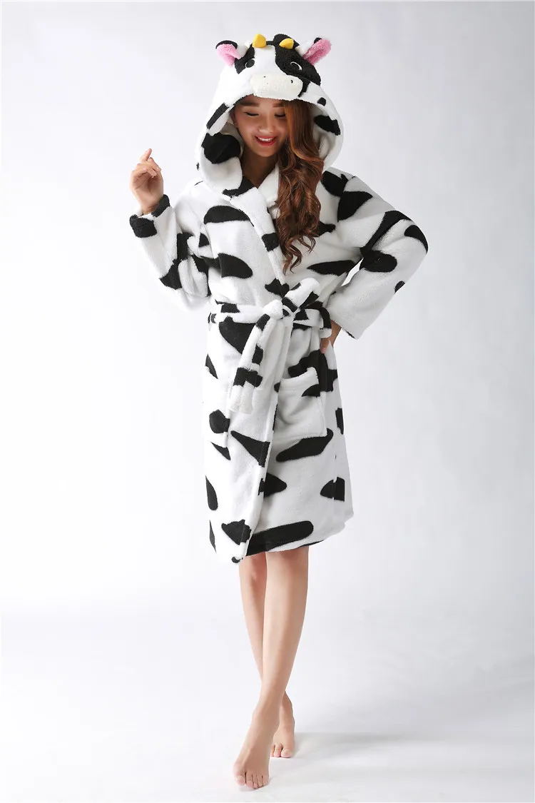 Плюшевый халат для взрослых животных черные белые пижамы с изображением коровы длинный рукав Милая Пижама банные халаты Ночные сорочки женский халат