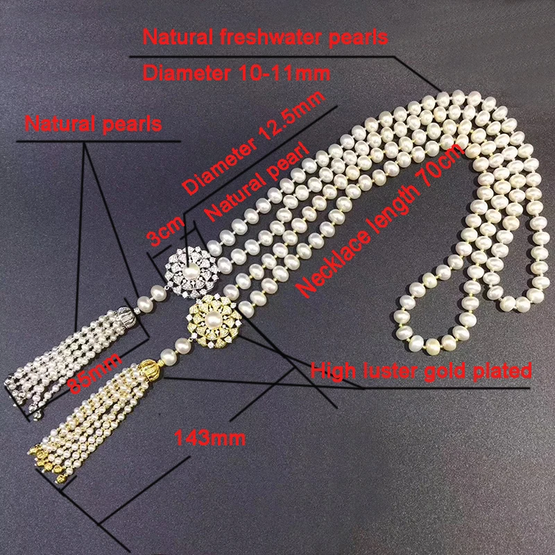 Sinya Tassels fashion Sweater chain Natural pearls Strand long necklace for Women Mum lover gold or white gold color optional size