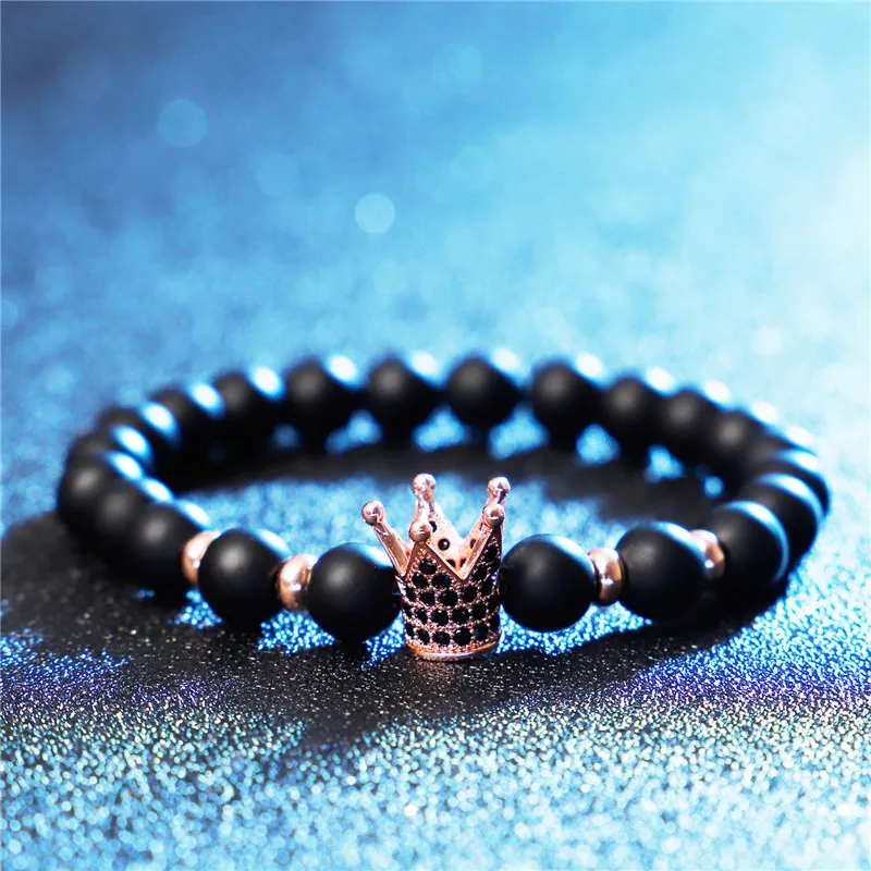 

Trendy Lava Stone Pave CZ Imperial Crown Charm Strand Bracelet For Men Women Vintage Beaded Bracelet Jewelry Pulseira hombres