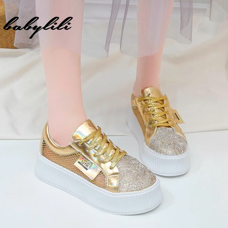 

2019 Summer Platform Sneakers Women Mesh Hollow Shoes Gold Silver Shoes Rhinestone Bling Casual Shoes Luxury Bling Light Shoes