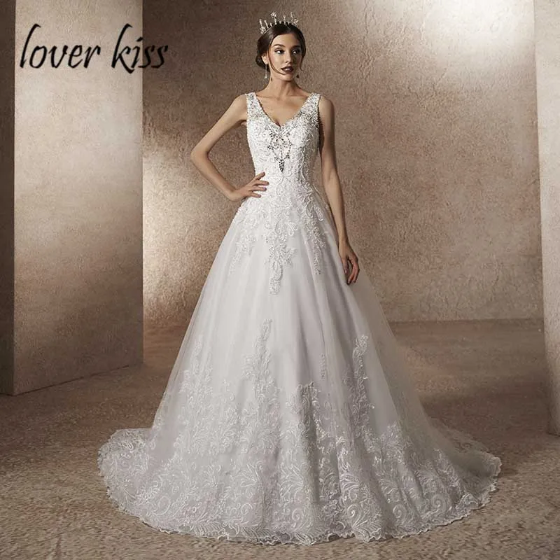 

Lover Kiss Vestido De Noiva 2019 Luxury A Line Rhineston Pearls Wedding Dress with Train V Neck Lace Bridal Gown robe de mariage