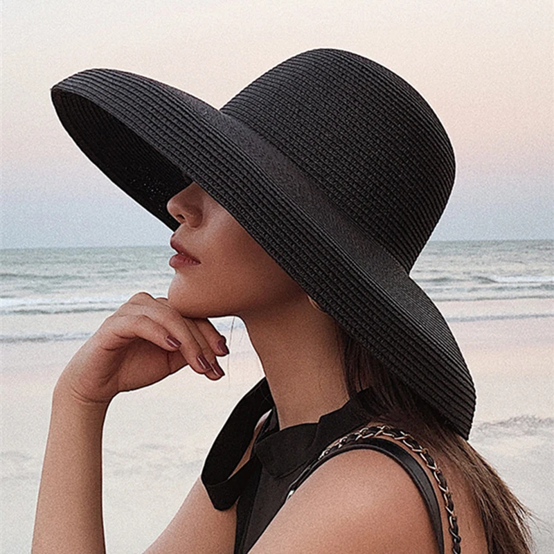 

Women Sun Hat Wide Brim Summer Straw Hat Hepburn Style Natural Black fashion Foldable Beach Boater Hat Cap Kentucky Derby M219