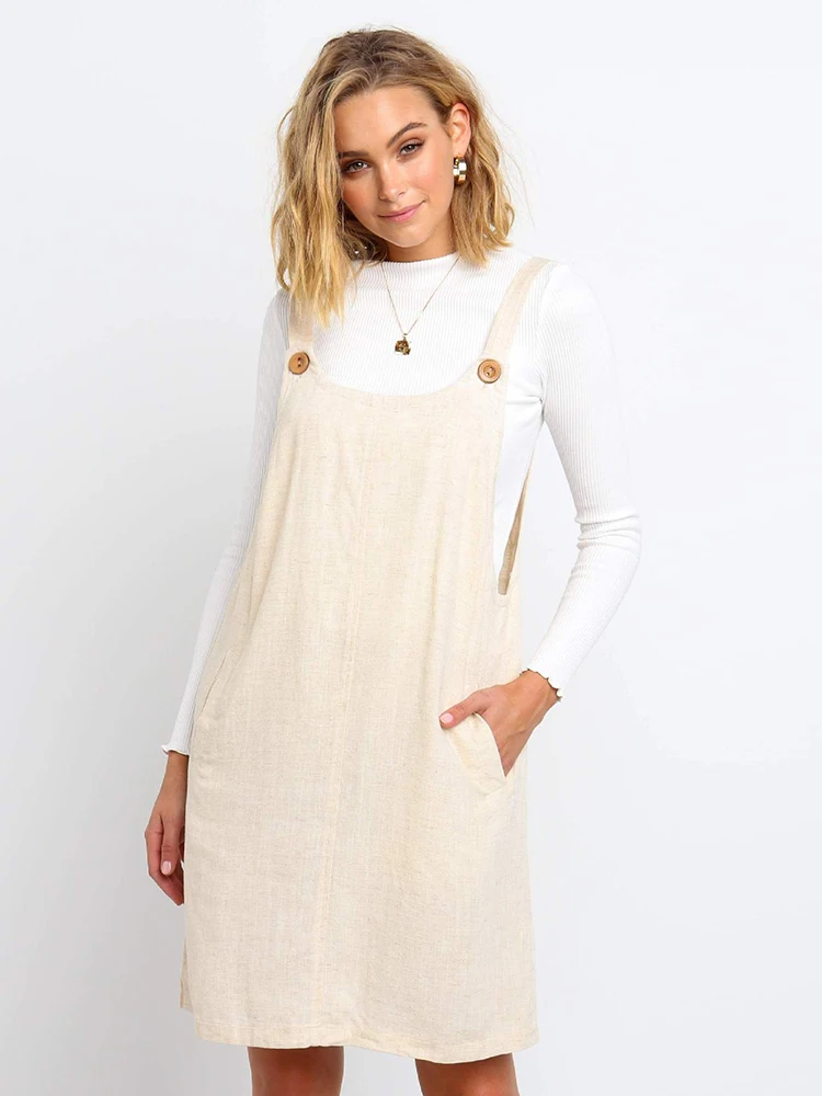 

Solid Button Pocket Strap Dress Women 2019 Cotton And Linen Summer Dress Casual Loose Mini Dresses Robe Femme