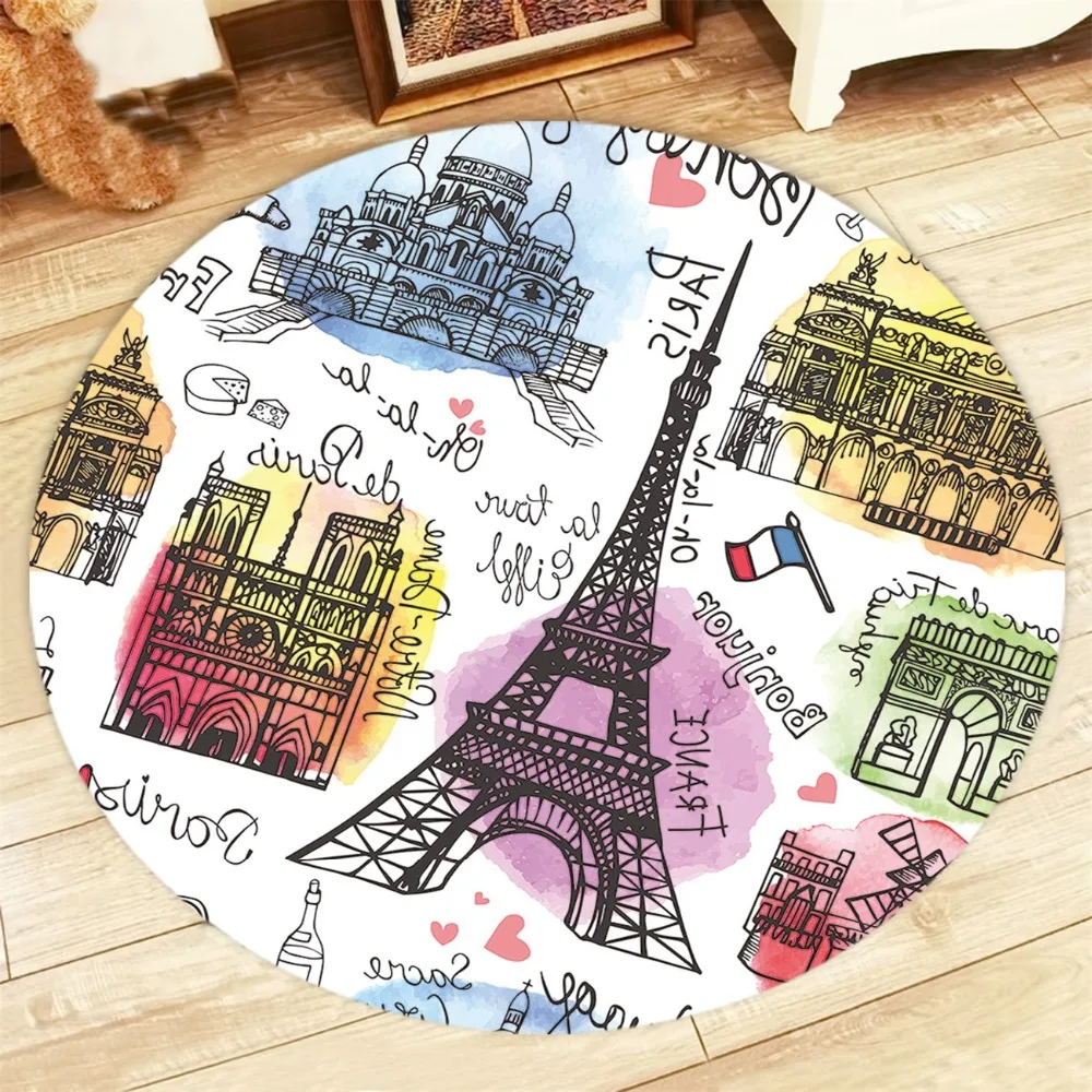 Круглые ковры с изображением Парижской башни и во время путешествий для детей, дома, гостиной, хрустального бархата, большие коврики для йоги в спальню