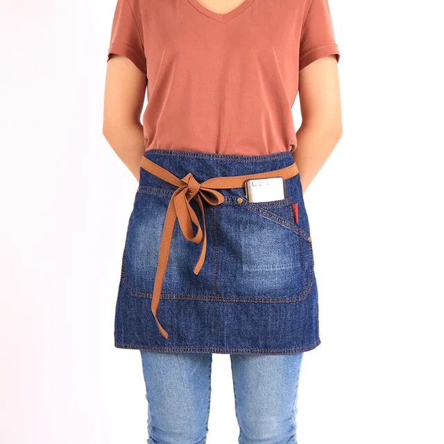 WEEYI Bar Pub Kitchen Short Half Waist Apron Denim with Leather Straps