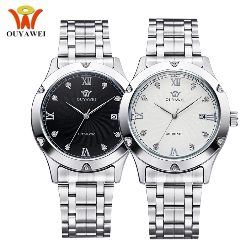 

OUYAWEI Brand Self-wind Mechanical Watch Simple Silver Steel Band Date Analog Men Wrist Watch Waterproof Clock Relogio Masculino
