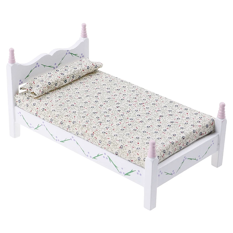 

1:12 handicraft Mini Bed With Pillow for Girls Dolls Dollhouse Bedroom Furniture Toy For children Doll Pretend Play Pink Color