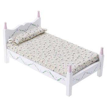 

1:12 handicraft Mini Bed With Pillow for Girls Dolls Dollhouse Bedroom Furniture Toy For children Doll Pretend Play Pink Color