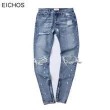 EICHOS New Fashion Men Ripped Jean Hip Hop Jeans Mens Cotton Casual Motorcycle Denim Biker Jeans With Hole Moustache Effect