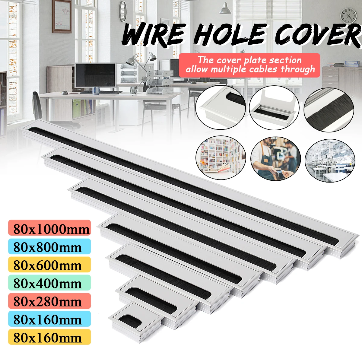 1Pcs Aluminium Alloy Rectangle PC Computer Desk Cable Grommets Wire Hole Cover 80x800mm Outlet