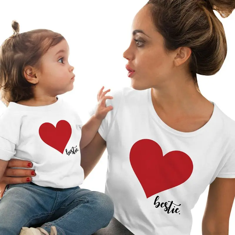 

Family Matching Mother And Daughter Boy Heart Printed Cotton T Shirt Tops Tee