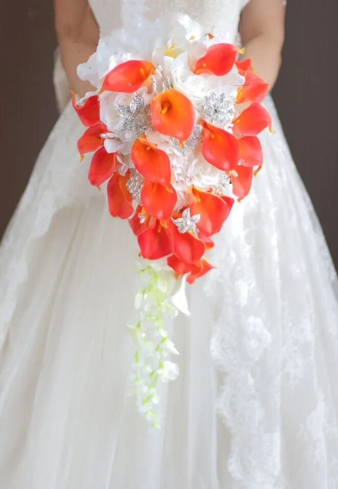 JaneVini водопад свадебные букеты с кристаллами белая Калла Лилия жемчуг бисером Искусственный Свадебный букеты flor novio - Цвет: Orange