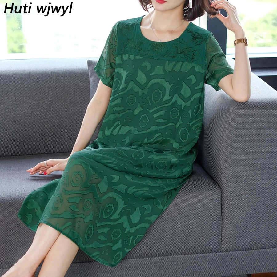 

2019 New Vintage Silk Plus Size Loose Midi Dresses Summer Solid Elegant Short Sleeve Maxi Sundress Women Bodycon Party Vestidos