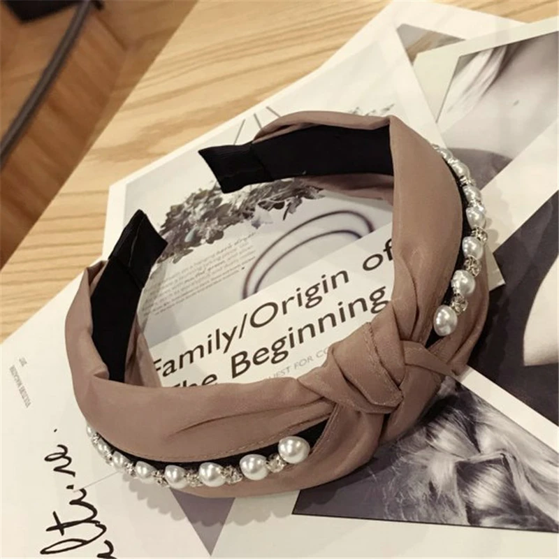 

Korean Pearl Hairband Women Cotton Fabric Knotted Headband Vintage Luxury Crystal Hair Accessories Wide Hair Band Boho Headwear