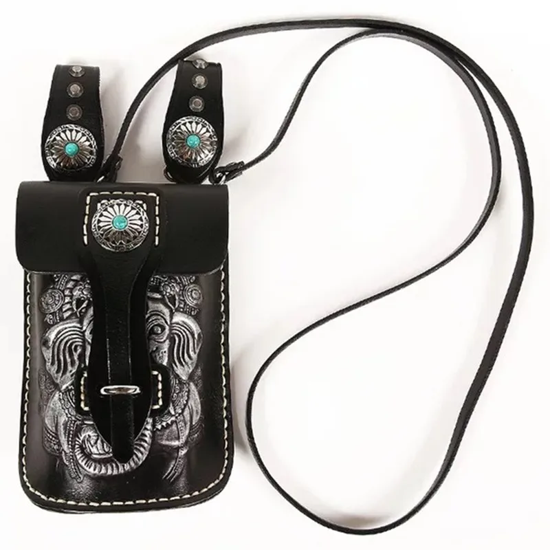 

Genuine Cow Leather Hand Carved Indian Ganesh Designer Men's Waist Packs Punk Style Cross Shoulder Bag Three-way Male Small Bag