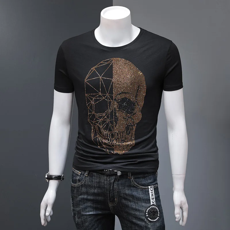 

2019 Skull Rhinestone Men Brand Short Sleeve T Shirts Fashion Man Streetwear O Neck Slim Modal Cotton 100% Plus Size Man Tshirt