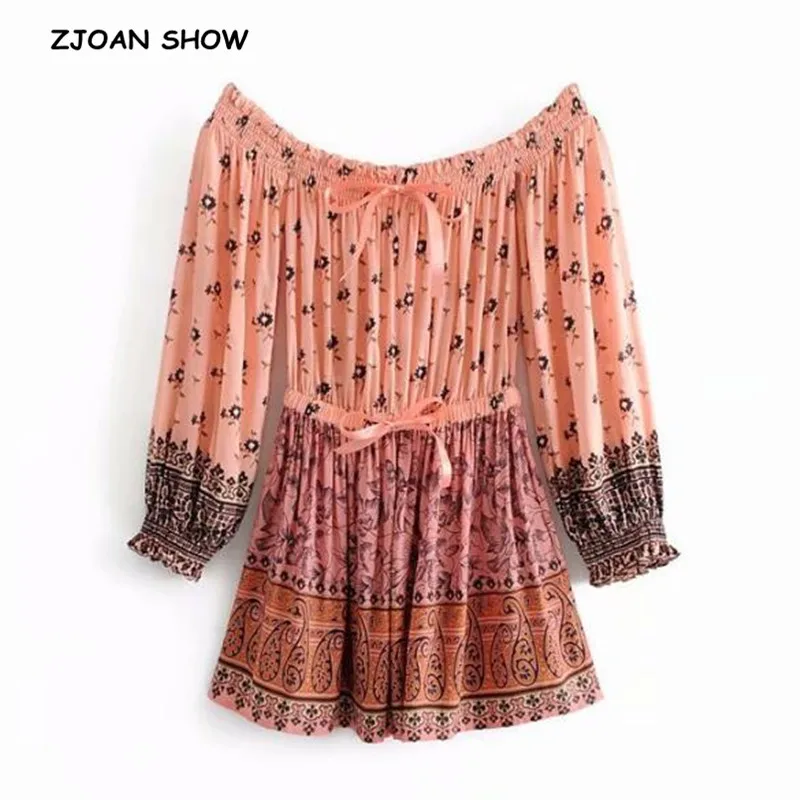 

Bohemian Pink Location Flower Print Off the Shoulder Dress Women Holiday Elastic Slash neck Elastic Waist Short Dresses Vestido