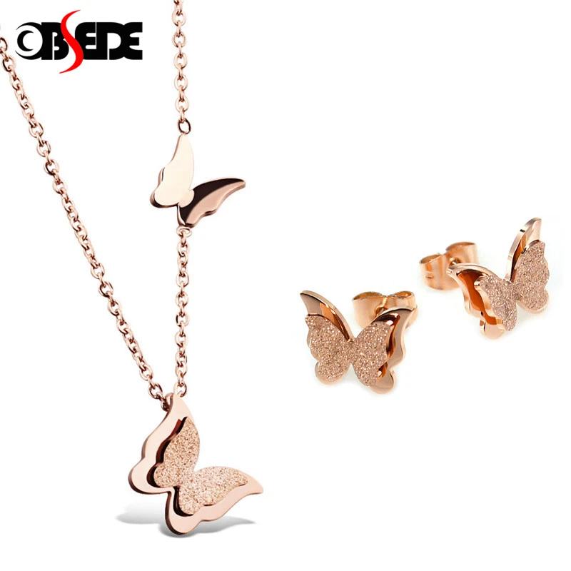 

OBSEDE Fashion Butterfly Jewelry Set Rose Gold Stainless Steel Stud Earrings Statement Necklace Set for Women Wedding Gift