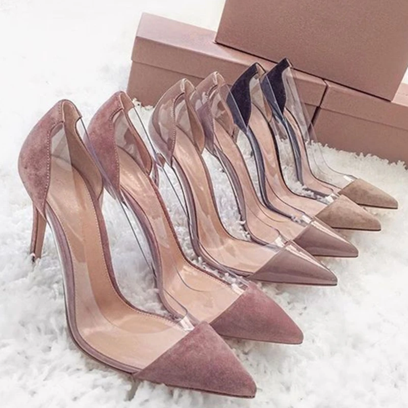 

Sexy PVC Clear Women Pumps Fashion Patchwork Pointed Toe Slip On Shallow Stiletto High Heels Shoes Runway Party Wedding Shoes 40