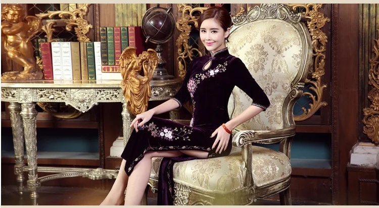Мода мама китайское платье Ципао долго Cheongsam Дизайн бархатные свадебные вечерние платья для Для женщин Oriental Воротники современный Платья