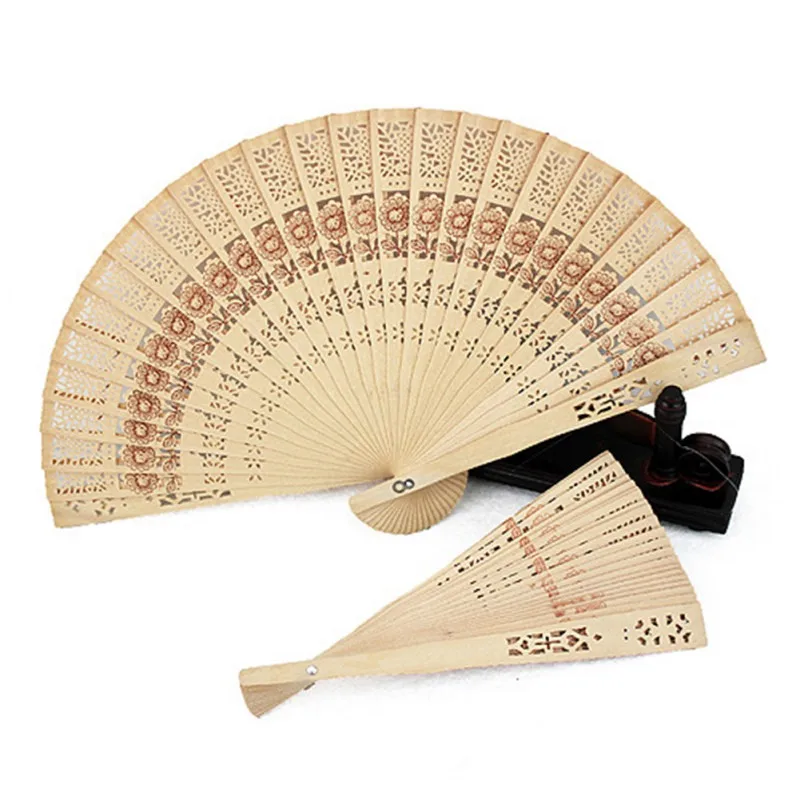 Chinese Folding Bamboo Original Wooden Carved Hand Fan fit Wedding Party P^ 