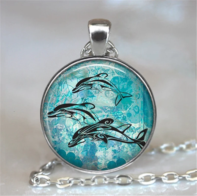 Голубой океан Морская звезда черепаха дельфин серебряный цвет ювелирные изделия классический стеклянный кабошон ожерелье и кулоны Модные ювелирные изделия для женщин