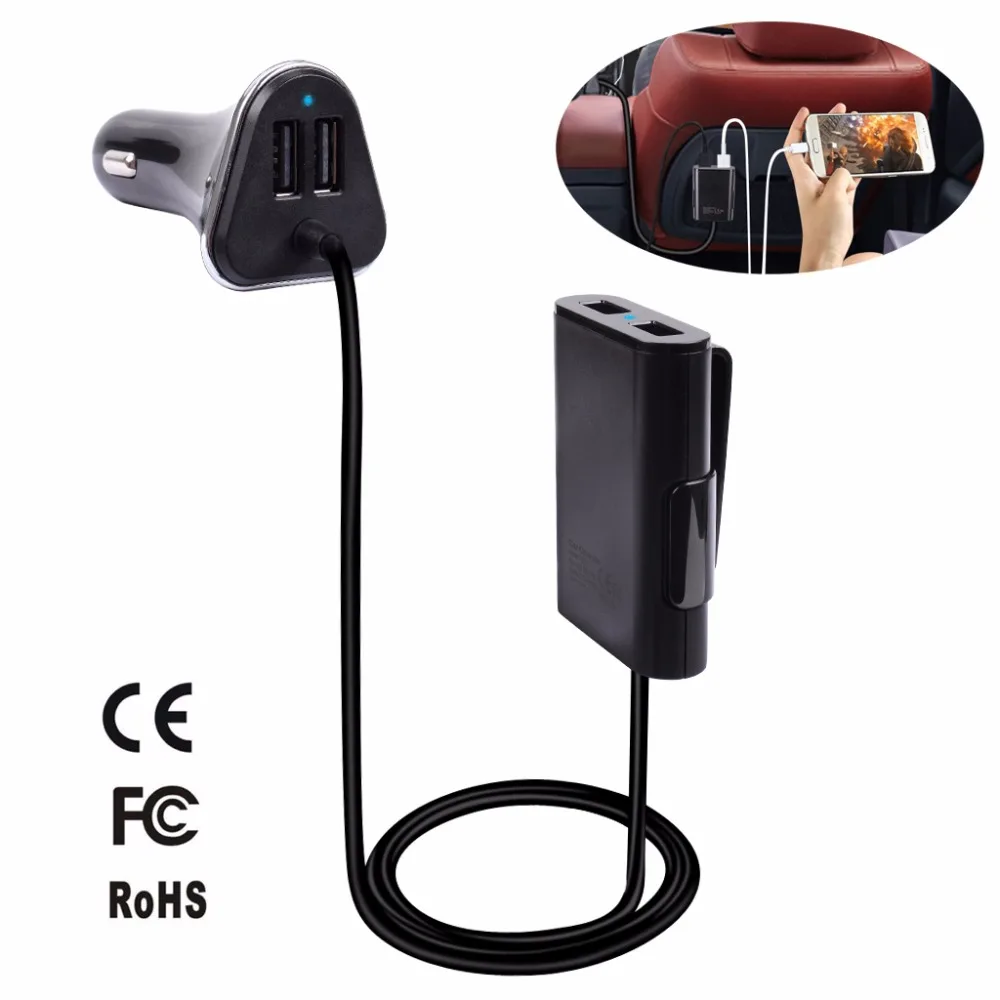 Universal Car Front And Back Seat Charger With 6ft Cable 48W 9.6A 4 USB Charging Ports Intelligent Car Charger For Cell Phones Tablets-Black (1)