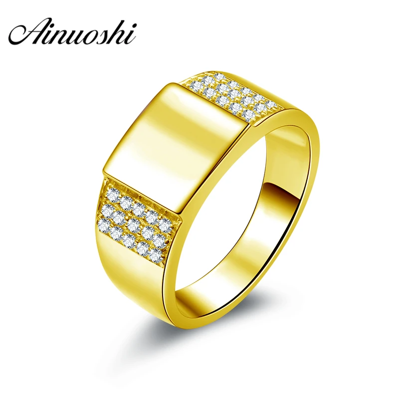 

AINUOSHI Generous Smooth Gold Men Ring 10K Solid Yellow Gold Male Ring 3 Rows Drill Engagement Wedding Jewelry 7.9g Wedding Band