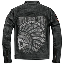 Черная Мужская Байкерская кожаная куртка с вышивкой черепа размера плюс 3XL Натуральная Воловья кожа тонкая мотоциклетная кожаная куртка