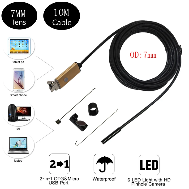 5,5 мм Len Android USB эндоскоп камера 5 м 3,5 м 2 м 1 м IP67 водонепроницаемая камера для проверки змеиной трубки Android OTG USB бороскоп камера 6LED