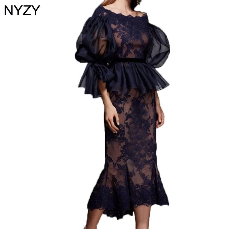 

NYZY M4 Elegant Dress Party Robe Vestido Formal Dress Tea Length Lace Appliques Navy Nude Mother of the Bride Groom Dresses 2019