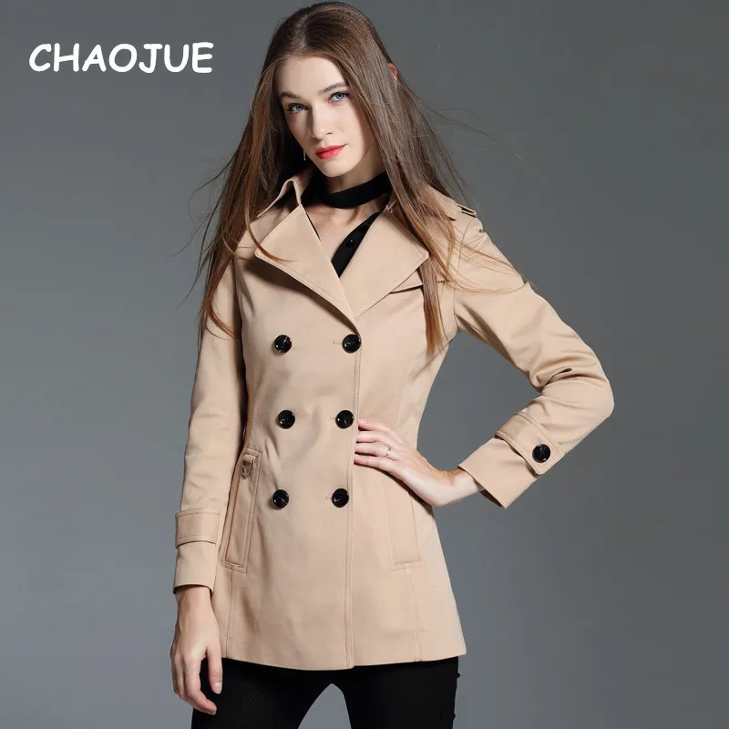 CHAOJUE Double Breasted Trench Coat Women Medium Length Khaki Pea Coat