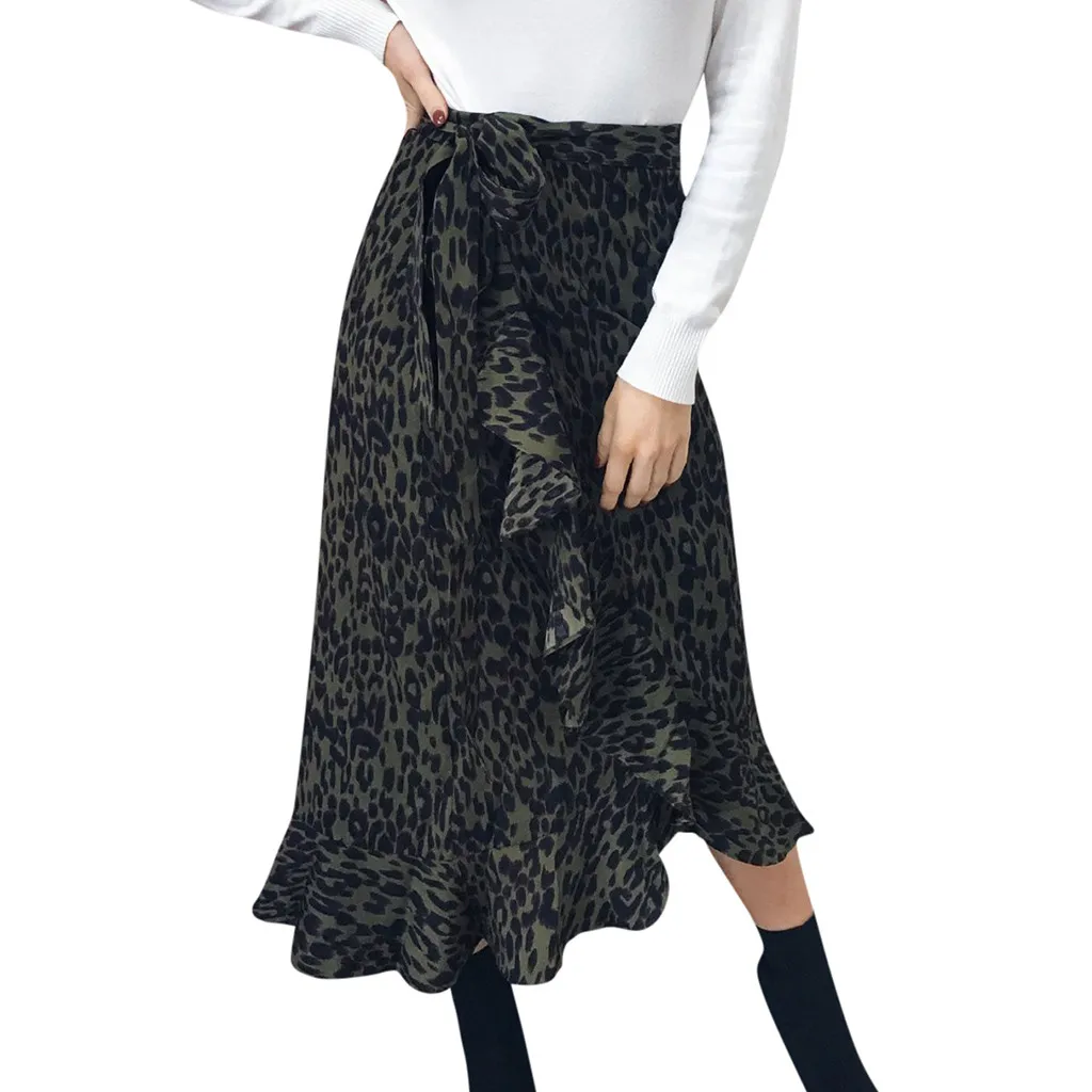 Женская Повседневная летняя богемная длинная юбка с высокой талией, леопардовая расцветка, с рюшами, пляжная юбка макси, новинка,#20 - Цвет: Green