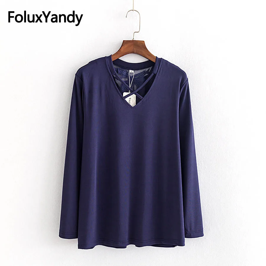 Открытые кружевные топы Для женщин v-образным вырезом футболки плюс Размеры 3XL Демисезонный футболка с длинными рукавами синий пуловер KKFY2649