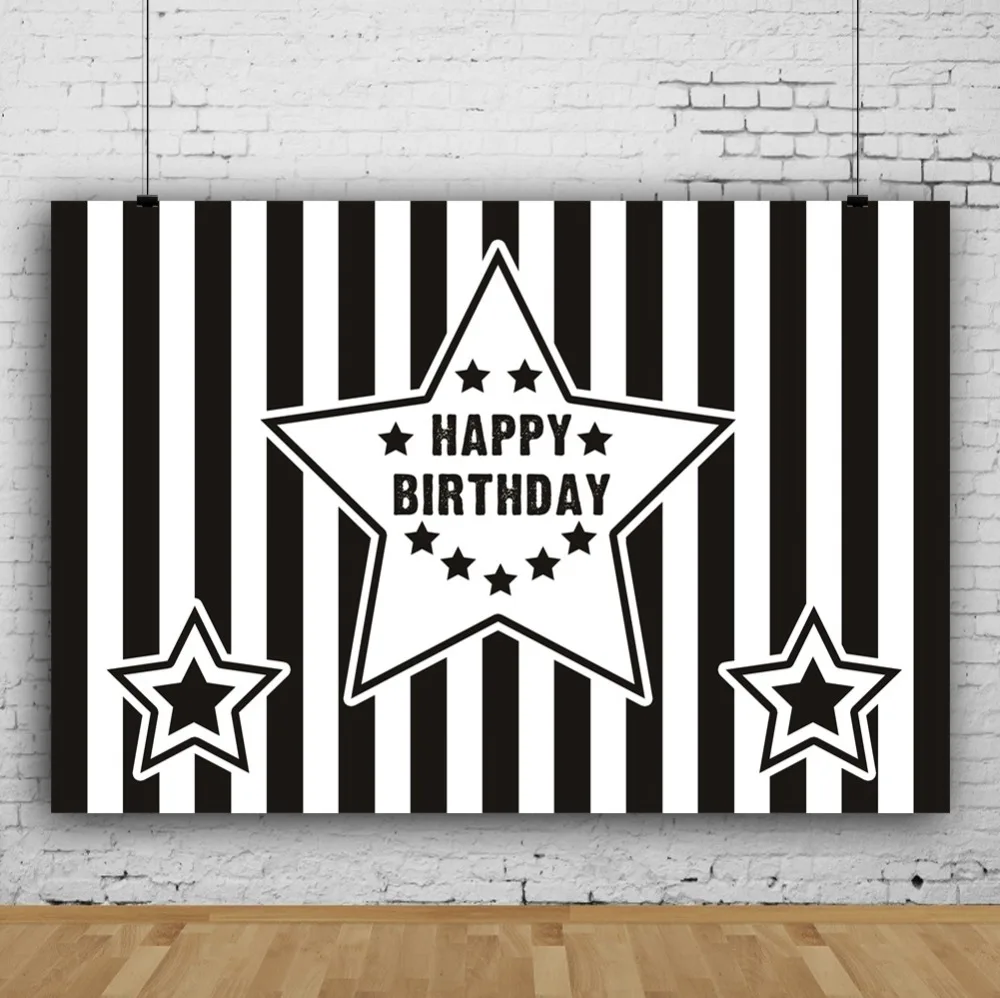 Laeacco Black White Stripes Star Happy Baby Birthday Party Poster Banner Photo Background Photography Backdrops For Photo Studio