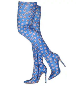 

2020 new women printed boots blue skinny booties thin heel over knee high boots ladies party shoes elastic sock booties zip up