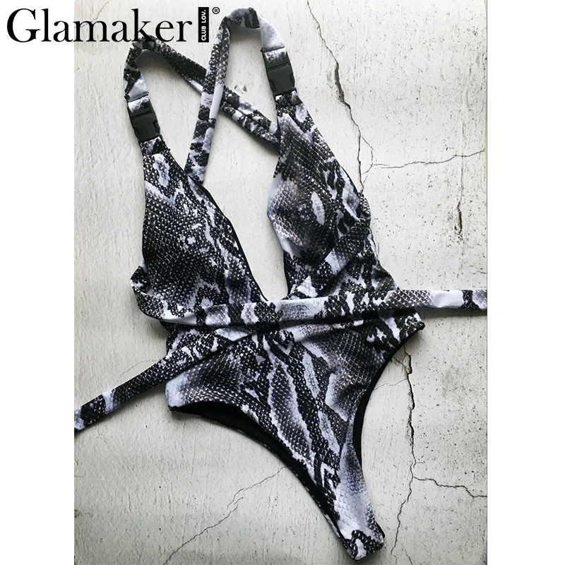 Glamaker ليوبارد طباعة الأحمر النساء ارتداءها مثير عميق v الرقبة الإناث مشبك ضمادة يوتار رفع عالية قطع واحدة قطعة بدلة للجسم