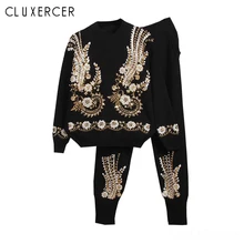 Women Knitted Tracksuits Set Casual Pullover Sweater And Pants 2 Piece Set High Quality Handmade Beading Sequined Woman Suits