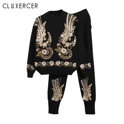 Women Knitted Tracksuits Set Casual Pullover Sweater And Pants 2 Piece Set High Quality Handmade Beading Sequined Woman Suits Women Knitted Tracksuits Set Casual Pullover Sweater And Pants 2 Piece Set High Quality Handmade Beading Sequined Woman Suits