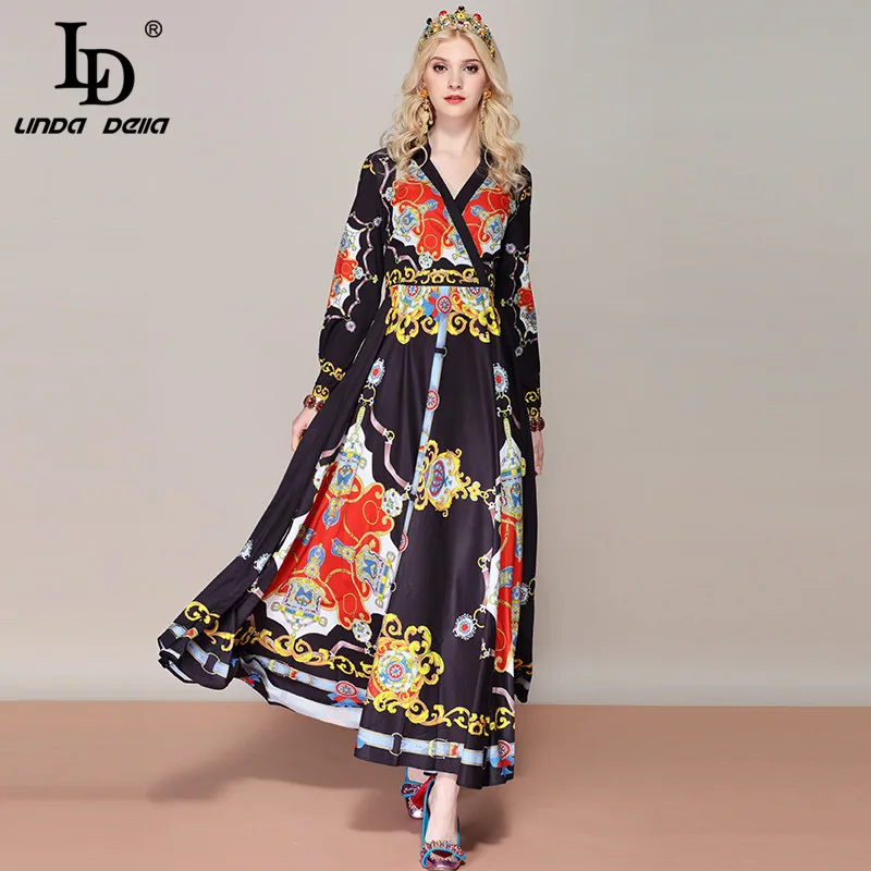 

LD LINDA DELLA Fashion Runway Long Sleeve Maxi Dresses Women's V Neck Gorgeous Printed Vintage Holiday Belted Long Dress