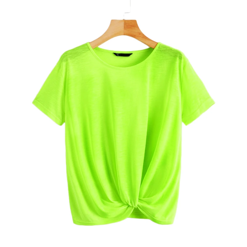 SweatyRocks, неоновый Лайм, крученый передний Топ, уличная одежда, тянущиеся зеленые футболки, летние повседневные женские одноцветные футболки