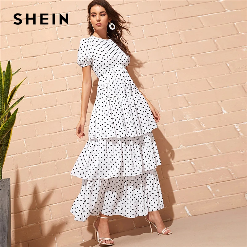 

SHEIN Puff Sleeve Layered Ruffle Hem Polka Dot Dress White Fit and Flare High Waist Women Dresses Elegant Summer Dress