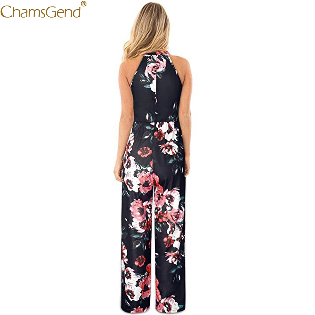 Womens Halter Neck Sleeveless Long Jumpsuit Loose Pants with Pocket