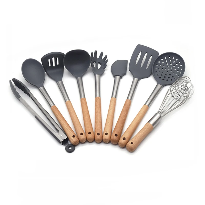 Silicone Cooking Utensils, kitchen utensils 9 pieces set with wood handles, heat resistant and nonstick