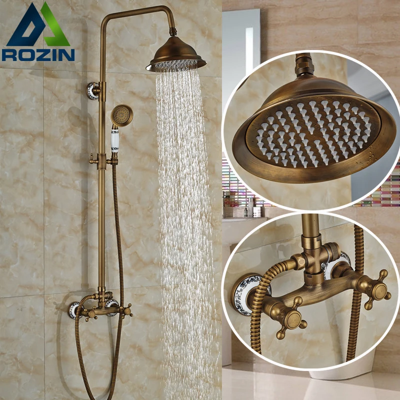 Classic NEW Antique Brass Rainfall Shower Set Faucet + Handheld Shower Wall Mounted 8 Classic NEW Antique Brass Rainfall Shower Set Faucet + Handheld Shower Wall Mounted 8